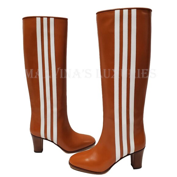 GUCCI BOOTS ADIDAS X KNEE HIGH STRIPE BROWN LEATHER  sz 38 8 US - Picture 7 of 16